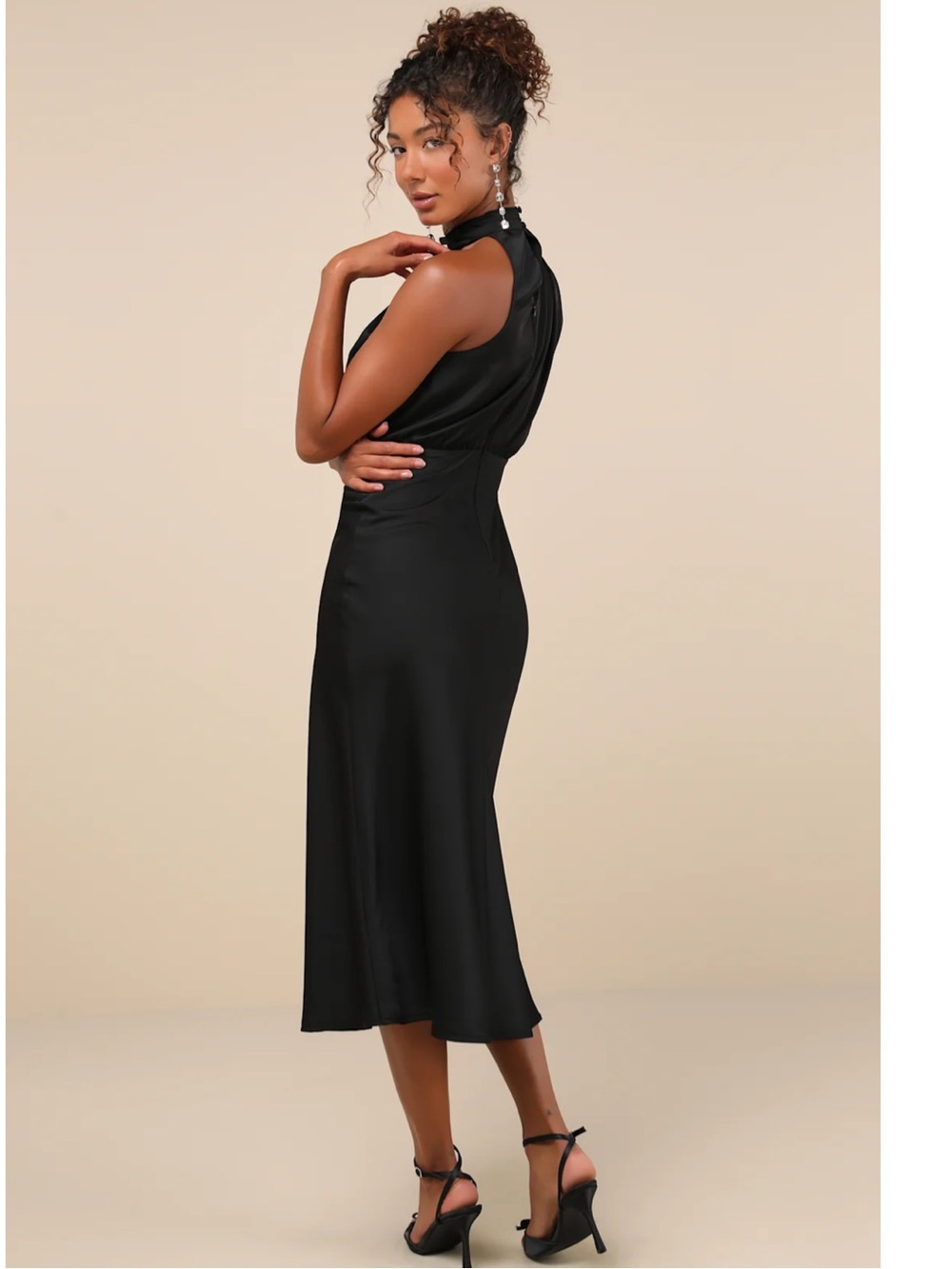 Lulus Distinctive Charm Black Satin Asymmetrical Mock Neck Satin Midi Dress M - Picture 2 of 15